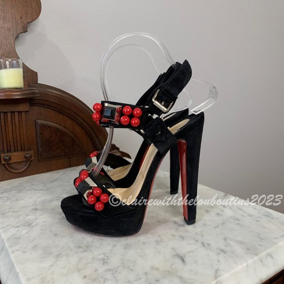 Louboutin Pyrabubble 140 Black Suede Chunky Heel Beaded Sandals size 35